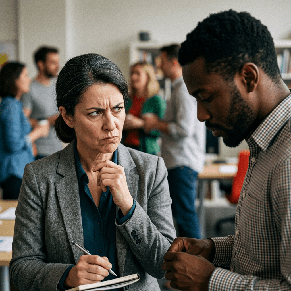 Woman with furrowed brow holding a pen and notebook looking concerned while talking to a man in an office.