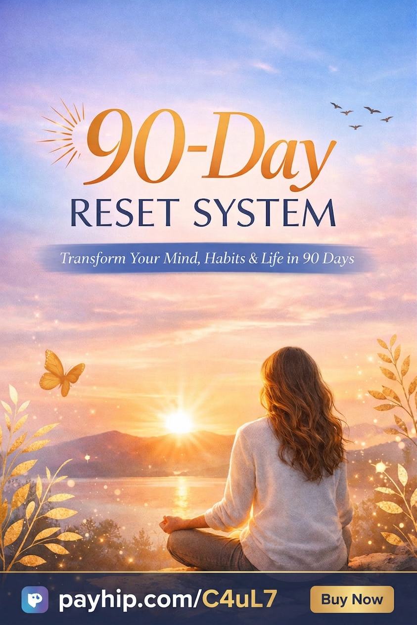 90-Day Reset System with a woman meditating at sunrise overlooking a lake and mountains