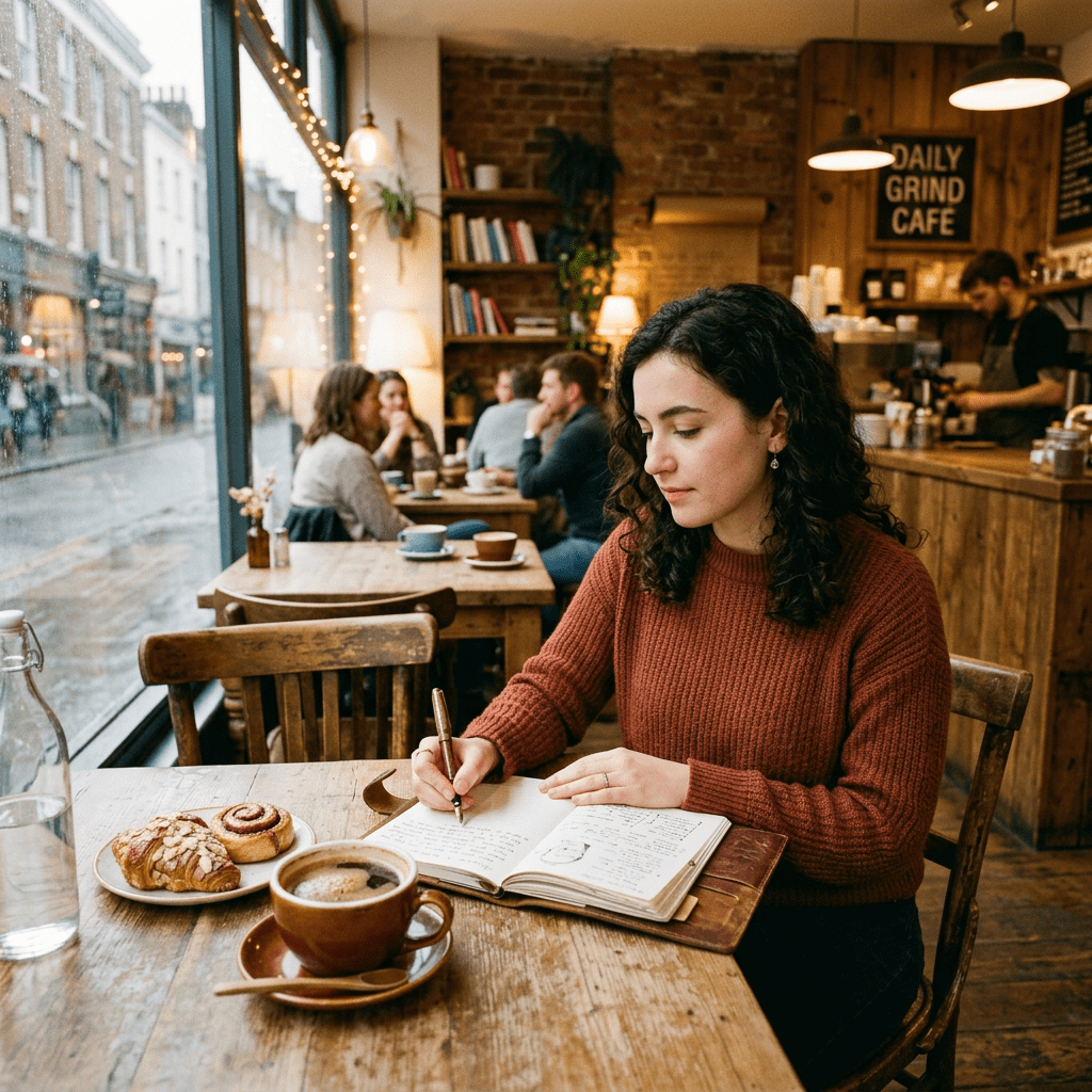 Person writing in a journal at a café table with coffee and pastries